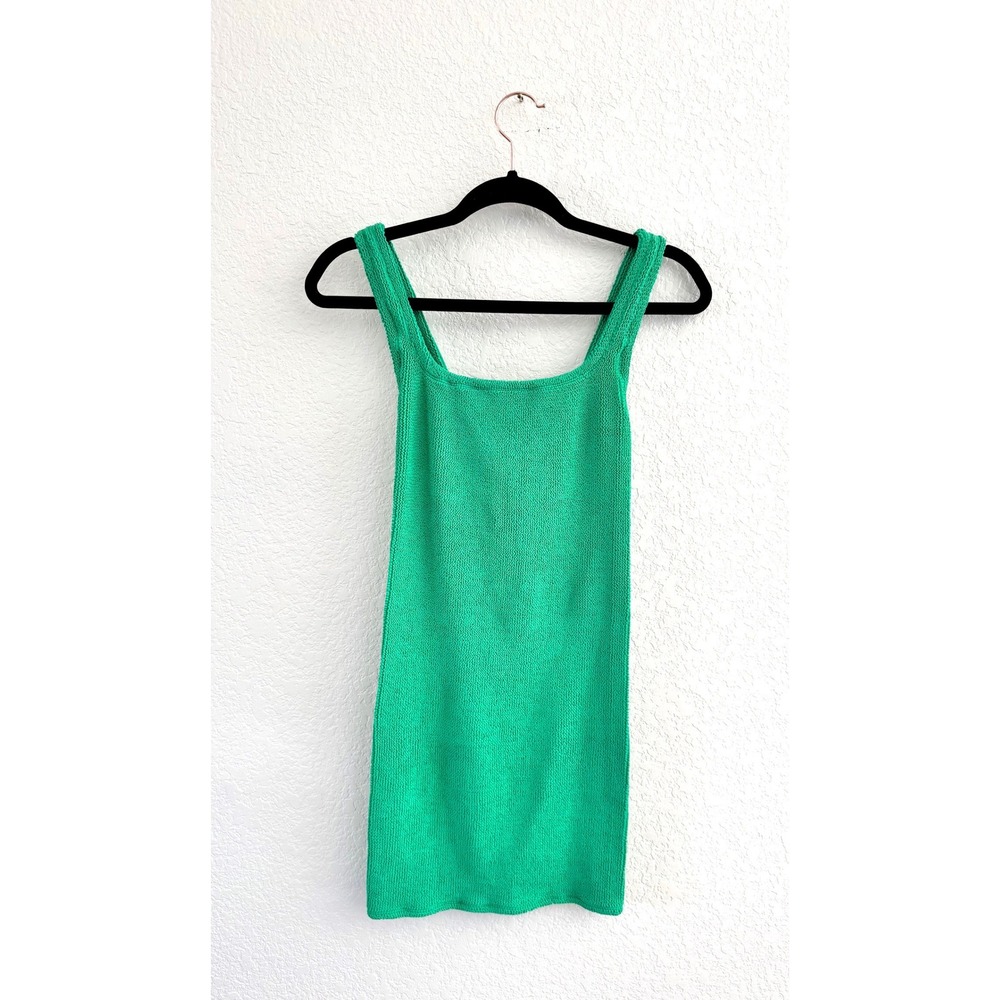 Hunza G Mini Dress Womens OS Green Crinkle Knit Square Neck Bodycon Seamless